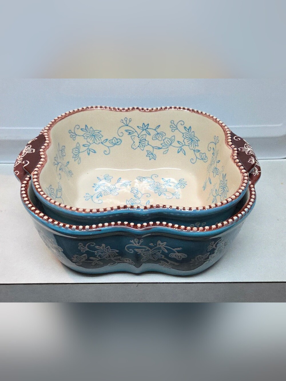 (Lot#4)Temp-tations Tara Blue Floral Lace 1.5 & 2 Quart Nesting Bowls Read Below